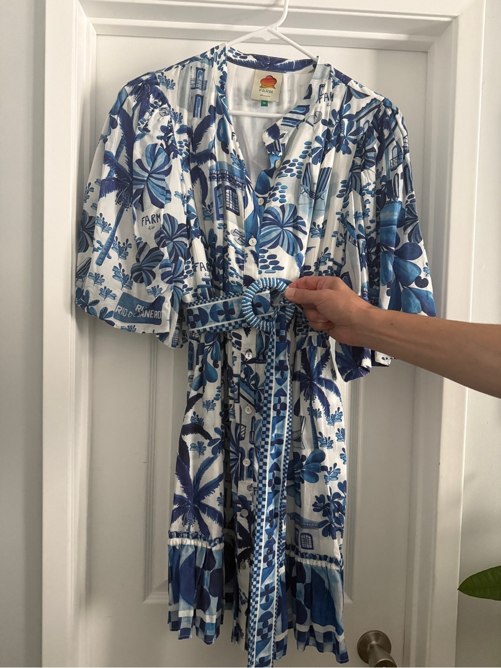 FARM Rio White and Blue Botanical Print Tie-Waist Midi Dress
